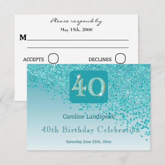 Chic 40 Verjaardag Blauwgroen Blue Glitter RSVP (Voorkant / Achterkant)