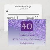 Chic 40 Verjaardag Paarse Glitter RSVP (Voorkant / Achterkant)