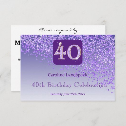 Chic 40 Verjaardag Paarse Glitter RSVP (Voorkant / Achterkant)