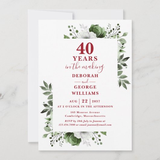 Chic 40e bruiloft Jubileum Monogram Bloemen Kaart (Voorkant)