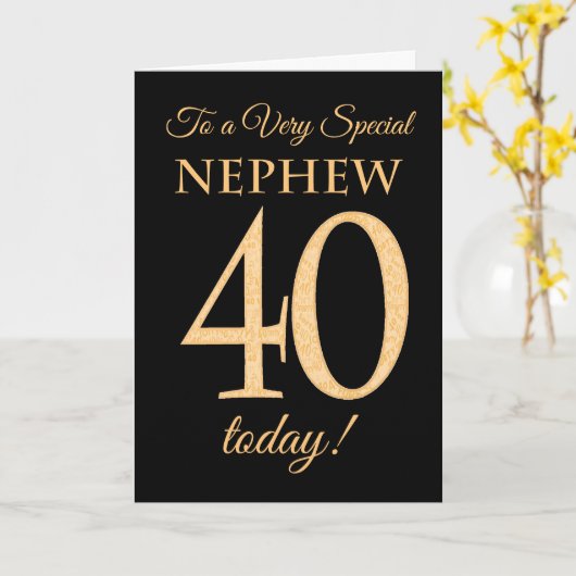 Chic 40e Gold-effect op Black, Nephew Verjaardag Kaart (Gele Bloem)