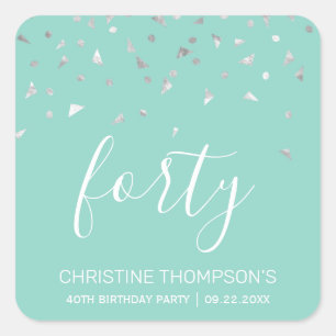 Chic 40e verjaardag Mintgroen Zilver Confetti Vierkante Sticker