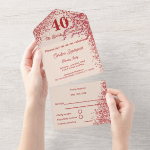 Chic 40ste verjaardag Rood Glitter Champagne Elk All In One Uitnodiging