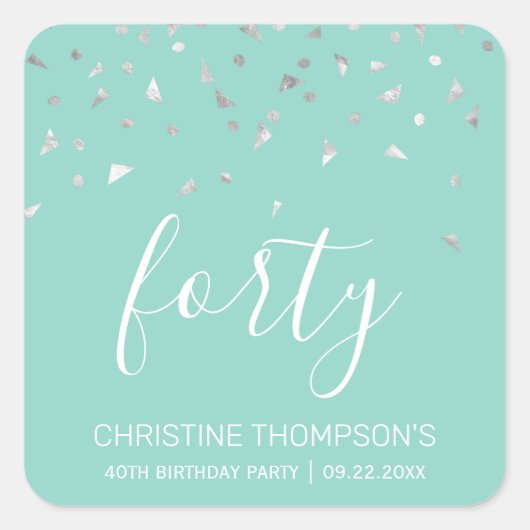 Chic 40th Birthday Mint Green Silver Confetti Vierkante Sticker (Voorkant)