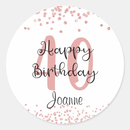 Chic 40th Birthday Roos Gold Glitter Name Ronde Sticker (Voorkant)