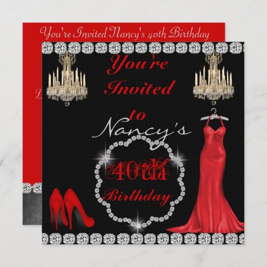 CHIC 40th  Design BLING Birthday Invitation Kaart (Voorkant / Achterkant)