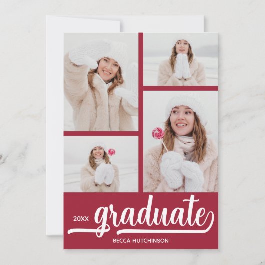 Chic 4 Foto Crimson Rood Afstuderen Aankondiging (Voorkant)