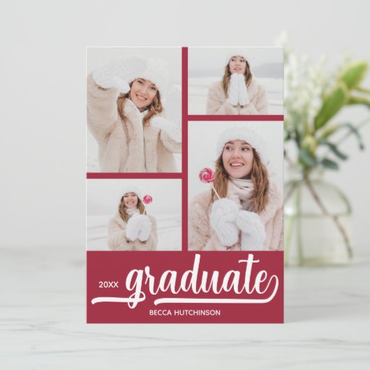 Chic 4 Foto Crimson Rood Afstuderen Aankondiging (Staand voorkant)