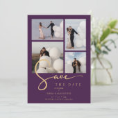 Chic 4 Multi Photos Collage Wedding Purple & Gold  Save The Date (Staand voorkant)