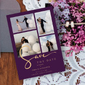 Chic 4 Multi Photos Collage Wedding Purple & Gold Save The Date