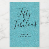 Chic 50 Fabulous Blue Glitter Name 50th Birthday Wijn Etiket (Enkel label)