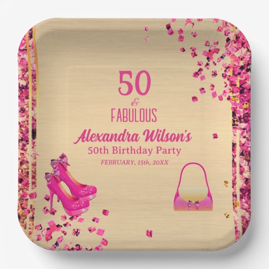 Chic 50 & Fabulous Hoge Hakken Goud Hot Pink Glitt Papieren Bordje (Voorkant)