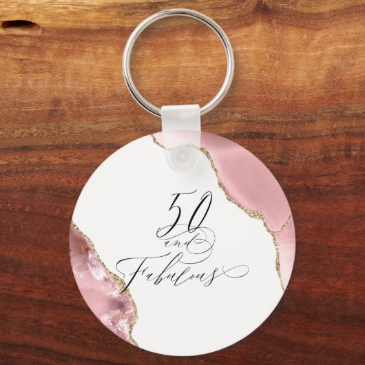 Chic 50 Fabulous Roos Gold Glitter Agate Script Sleutelhanger (Voorkant)