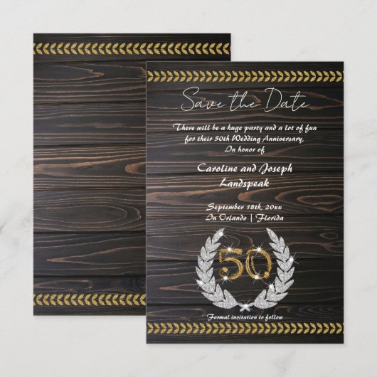 Chic 50e Jubileum Hout & Goud Save the Date Kaart (Voorkant / Achterkant)