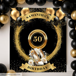 Chic 50e Verjaardag Banner Gold Glitter Heels Wandkleed