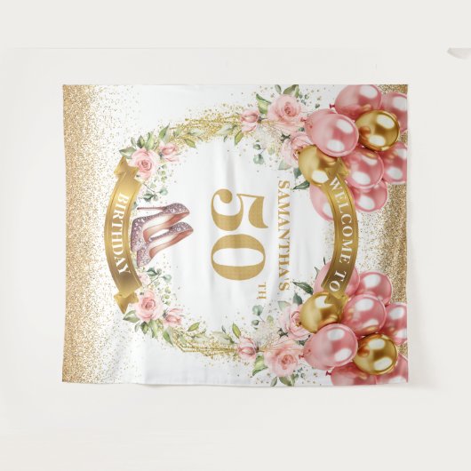 Chic 50e Verjaardag Roze Hakken Blush Bloemen Bann Wandkleed (Voorkant (horizontaal))