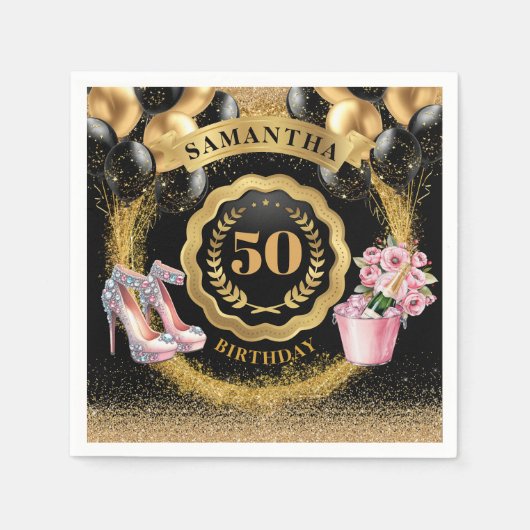 Chic 50e verjaardag servetten zwarte ballonnen gou (Voorkant)