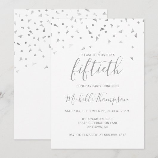 Chic 50ste verjaardagsfeest zilveren confetti uitn kaart (Voorkant / Achterkant)