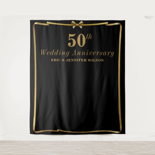 Chic 50th Anniversary Zwart Gouden Foto Achtergron Wandkleed (Voorkant)