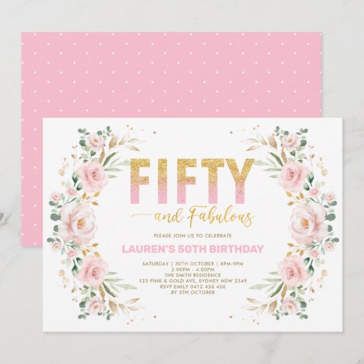 Chic 50th Birthday Blush Pink Gold Floral Birthday Kaart (Voorkant / Achterkant)