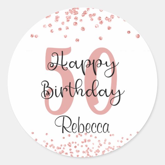 Chic 50th Birthday Roos Gold Glitter Name Ronde Sticker (Voorkant)