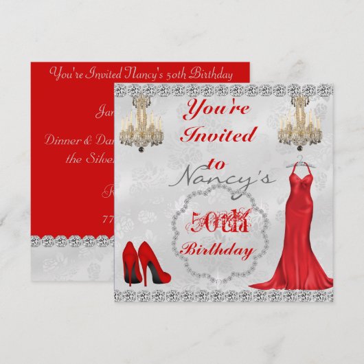 Chic 50th  Design BLING Birthday Invitation Kaart (Voorkant / Achterkant)