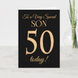 Chic 50th Gold-effect op Black, voor Son Birthday Kaart<br><div class="desc">Een 50e kinderkaart voor een 'zeer speciale zoon',  met een nummer 50,  bestaande uit gouden-effectgetallen en het woord 'zoon',  in gouden werking,  op een zwarte achtergrond. Het binnenste bericht,  dat je kunt wijzigen als je dat wilt,  is 'Happy Birthday'</div>