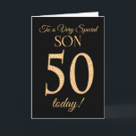 Chic 50th Gold-effect op Black, voor Son Birthday Kaart<br><div class="desc">Een 50e kinderkaart voor een 'zeer speciale zoon',  met een nummer 50,  bestaande uit gouden-effectgetallen en het woord 'zoon',  in gouden werking,  op een zwarte achtergrond. Het binnenste bericht,  dat je kunt wijzigen als je dat wilt,  is 'Happy Birthday'</div>