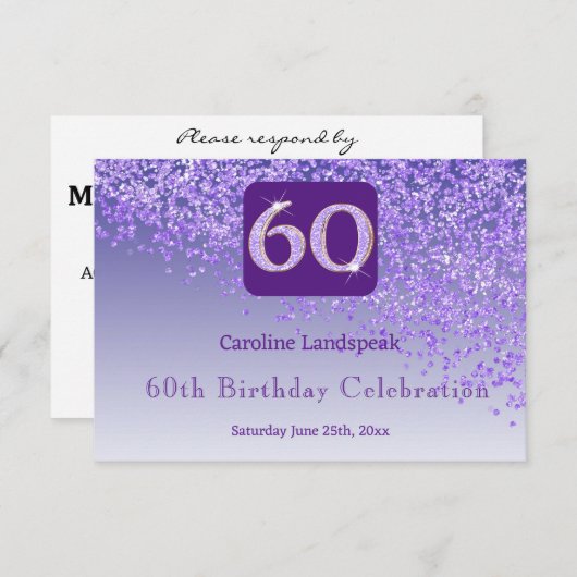Chic 60 Verjaardag Paarse Glitter RSVP (Voorkant / Achterkant)