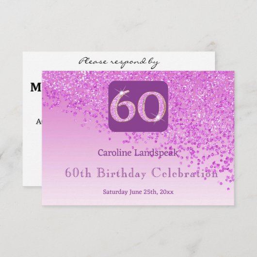 Chic 60 Verjaardag Roze Glitter RSVP (Voorkant / Achterkant)