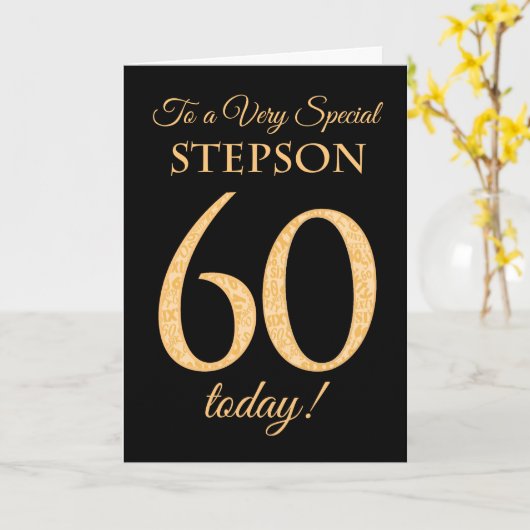 Chic 60e Goud-effect op Black, Stepson Verjaardag Kaart (Gele Bloem)