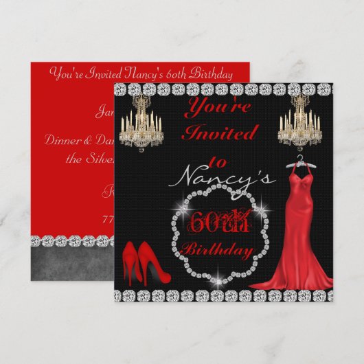 CHIC 60th Design BLING Birthday Invitation Kaart (Voorkant / Achterkant)