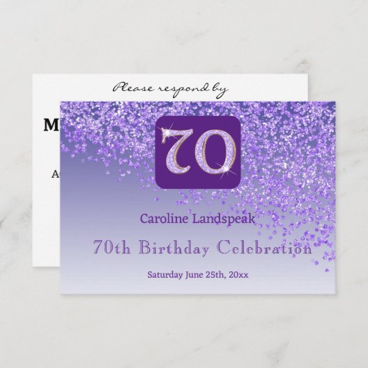 Chic 70 Verjaardag Paarse Glitter RSVP (Voorkant / Achterkant)