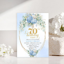 Chic 70th Birthday Blue Floral Eucalyptus Invites Kaart