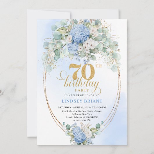 Chic 70th Birthday Pastel Blue Hydrangea Invites Kaart (Voorkant)