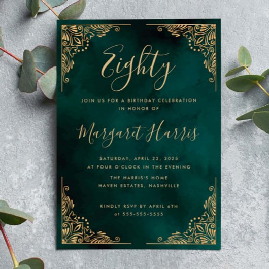 Chic 80th Eighty Gold Frame Green Birthday Kaart
