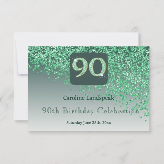 Chic 90 Birthday Green Glitter RSVP Kaartje (Voorkant)