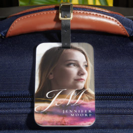 Chic Aangepast Paars Roze Foto Monogram Bagagelabel