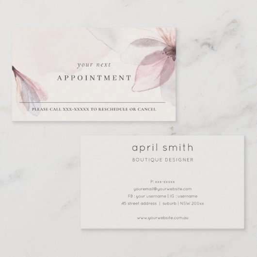 Chic Abstract Blush Waterverf Floral Appointment Visitekaartje (Voorkant / Achterkant)