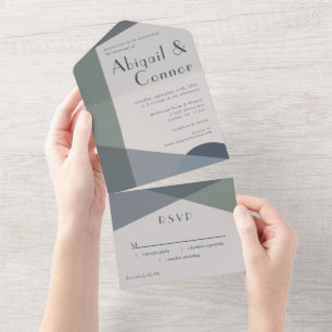 Chic Abstract Geometric Sage Navy Dusty Blue All In One Uitnodiging