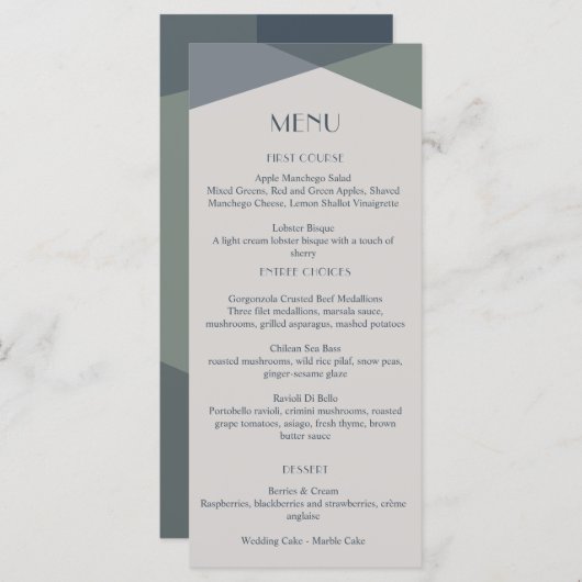 Chic Abstract Geometric Sage Navy Dusty Blue Menu (Voorkant / Achterkant)