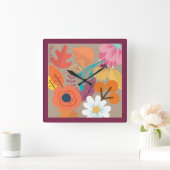 Chic Abstract Gold Leaf Colorful Flower Vierkante Klok (Huis)