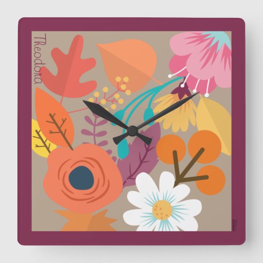 Chic Abstract Gold Leaf Colorful Flower Vierkante Klok (Voorkant)