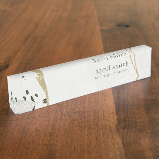 Chic Abstract Ivory Gold Grey Stone Texture Naambordje (Zijkant)