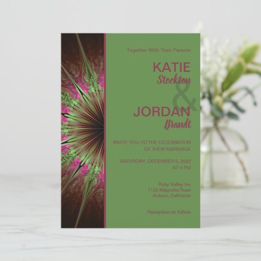 Chic Abstract Roze en Groene Uitnodiging van de We (Staand voorkant)