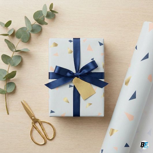 Chic Abstract Terrazzo Faux Gold Foil & Navy Blue  Cadeaupapier