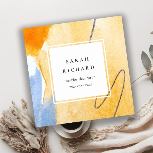 Chic Abstracte Artistic Yellow Blue Waterverf Art Vierkante Visitekaartje