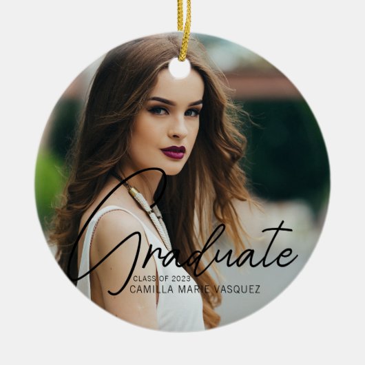 Chic Afstudeercadeau 2 Foto Script Overlay Kerstmi Keramisch Ornament (Voorkant)