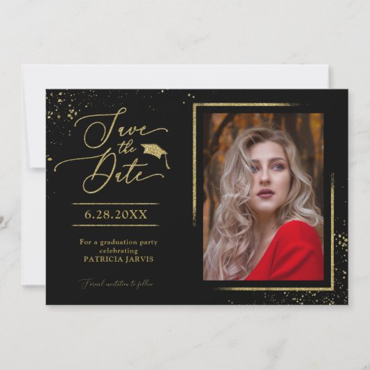 Chic Afstudeerder Party Save the Date Gold Glitter Kaart (Voorkant)