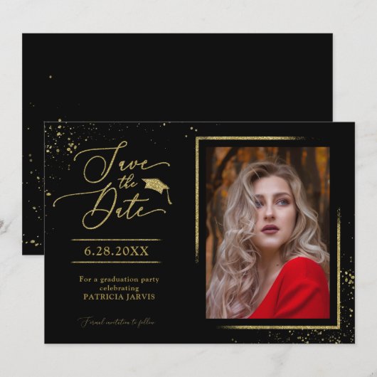Chic Afstudeerder Party Save the Date Gold Glitter Kaart (Voorkant / Achterkant)
